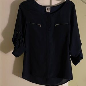 Anne Klein Navy Blue Blouse with Hidden Buttons, Roll Tab Sleeves- size small